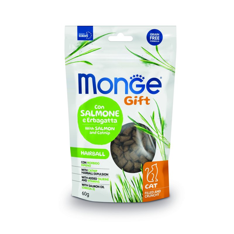 Monge Monge лакомство для кошек 'Хрустящие подушечки с начинкой' с лососем и кошачьей мятой для вывода шерсти (60 г)
