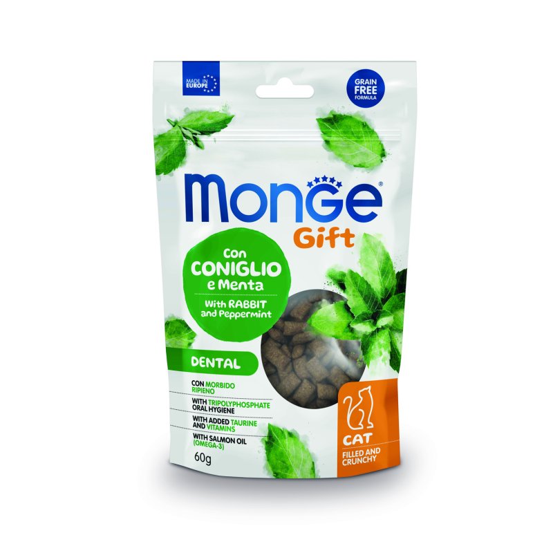 Monge Monge лакомство для кошек 'Хрустящие подушечки с начинкой' с кроликом и перечной мятой для чистки зубов (60 г)