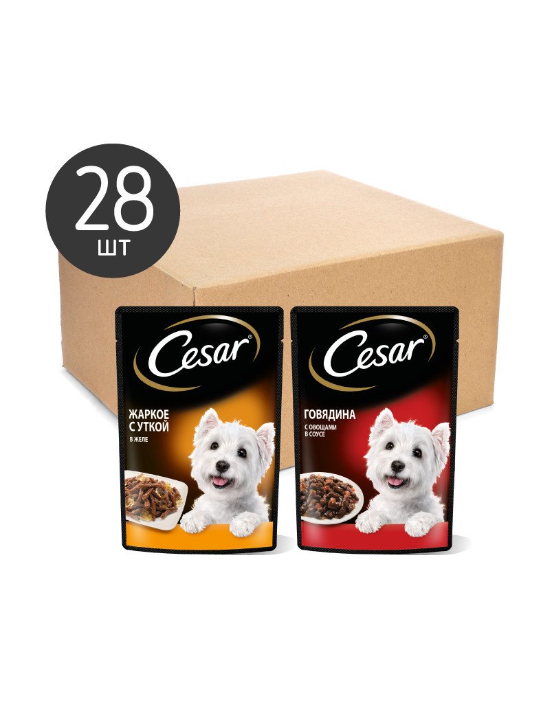 Cesar Cesar набор паучей для собак, два вкуса (паучи 'желе' 14шт х 85г и паучи 'ломтики в соусе' 14шт х 85г) (2,38 кг)