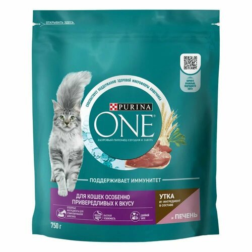 Purina ONE Корм сухой для взрослых кошек с чувствительным пищеварением и разборчивым вкусом в еде, с высоким содержанием утки и печени, 750 г