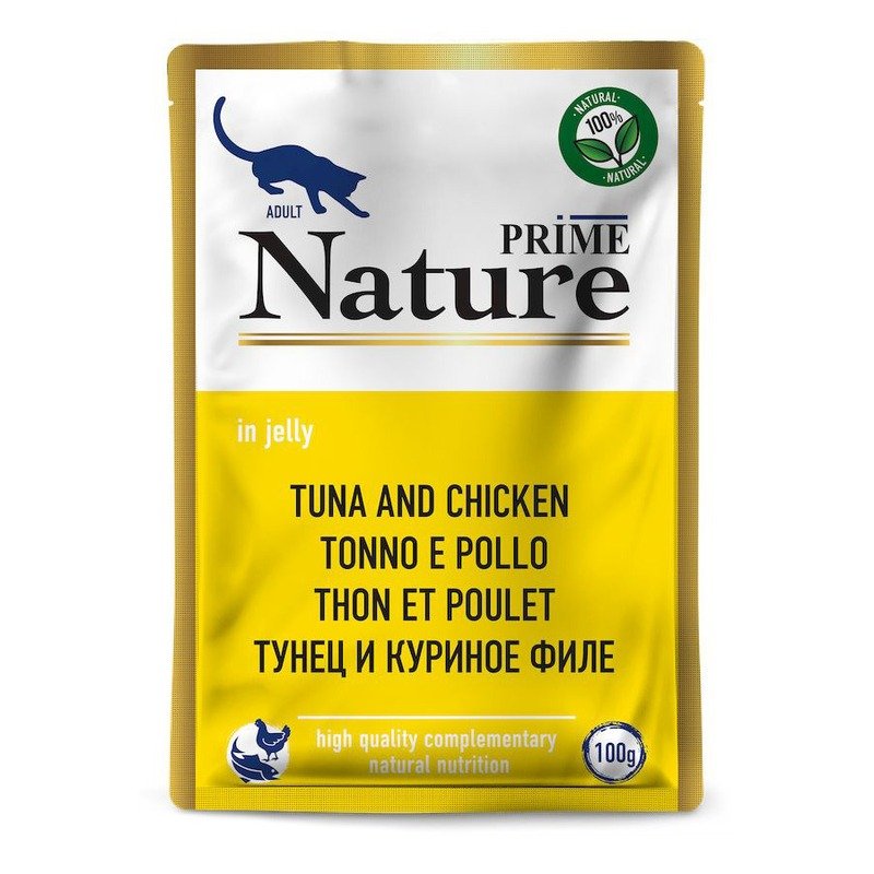 PRIME NATURE корм влажный для взрослых кошек с тунцом и куриным филе, в паучах, в желе - 100 г x 24 шт