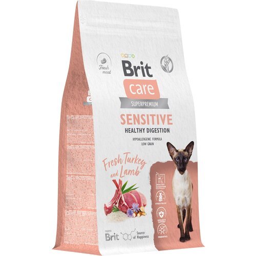 Сухой корм для кошек с чувствительным пищеварением Brit Care Cat Sensitive Healthy Digestion​​, с индейкой и ягненком 1,5 кг