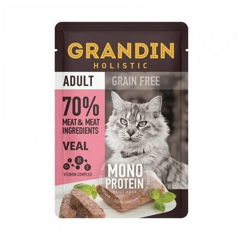 Grandin Adult Grain free Monoprotein Влажный корм для взрослых кошек, патэ из нежного мяса телятины в желе, 85 гр, 12 шт