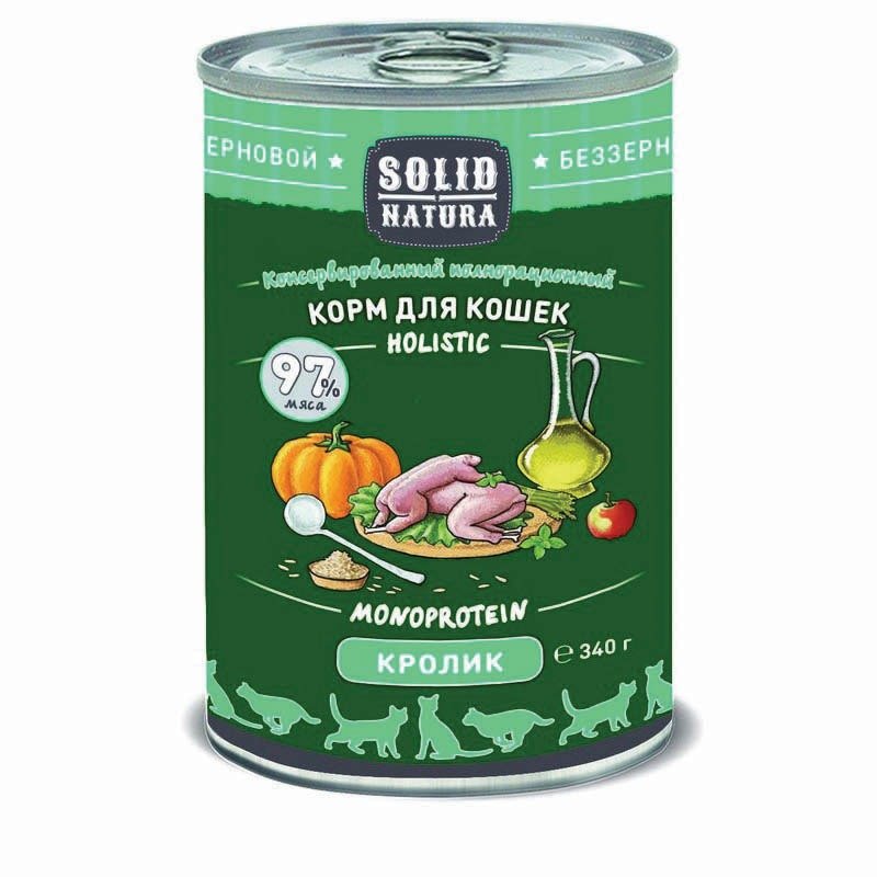 Solid Natura Holistic влажный корм для кошек, с кроликом, кусочки в желе, в консервах - 340 г