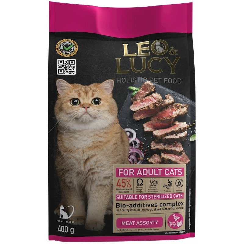 Leo&Lucy сухой полнорационный корм для стерилизованных кошек, мясное ассорти с биодобавками - 400 г