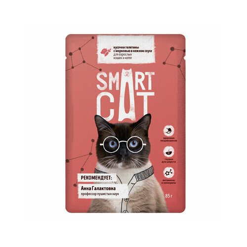 Smart Cat паучи Паучи для взрослых кошек и котят кусочки телятины с морковью в нежном соусе, 0,085 кг (2 шт)