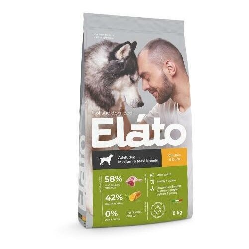 Elato Полнорационный корм для взрослых собак средних и крупных пород с курицей и уткой 8 кг