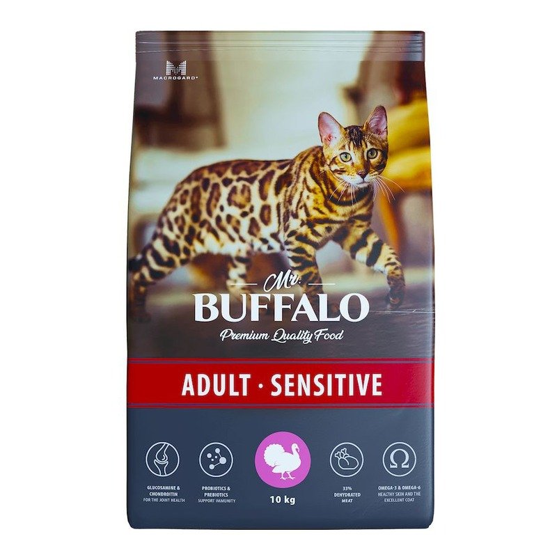 Mr.Buffalo Adult Sensitive полнорационный сухой корм для взрослых котов и кошек с чувствительным пищеварением, с индейкой - 10 кг