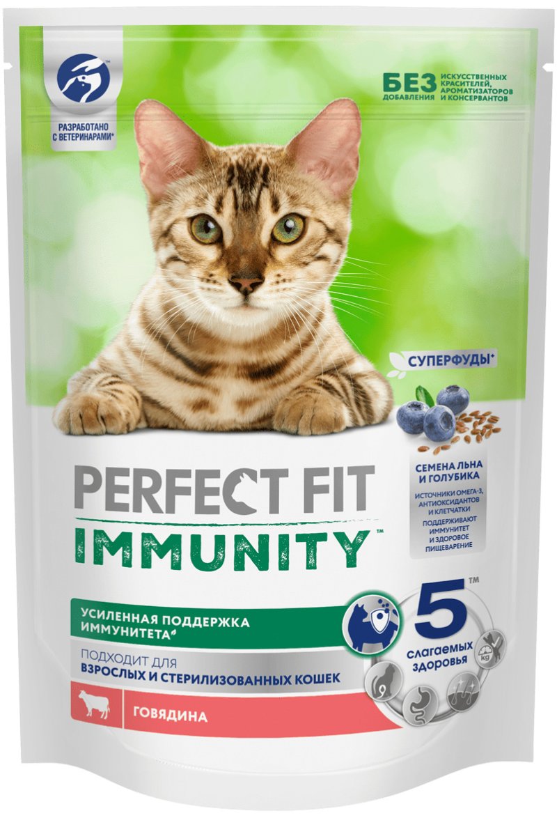 Perfect Fit Perfect Fit сухой корм для поддержания иммунитета кошек, с говядиной и добавлением семян льна и голубики (1,1 кг)