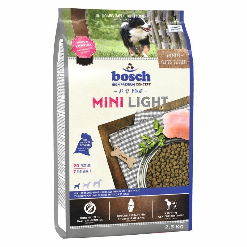 Сухой корм Bosch Mini Light для взрослых собак мелких пород, склонных к полноте, с мясом птицы и просо