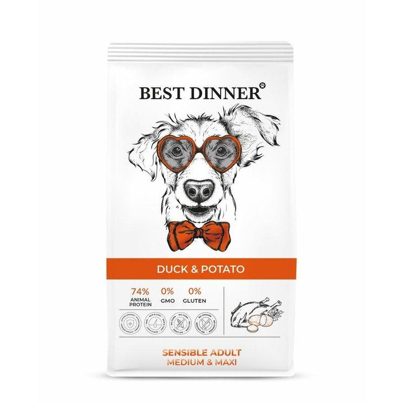 Best Dinner Sensible Adult Medium & Maxi полнорационный сухой корм для собак средних и крупных пород, склонных к аллергии и проблемам с пищеварением, с уткой и картофелем