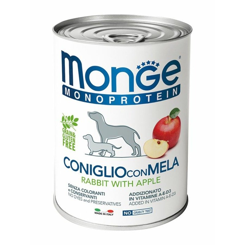 Monge Dog Natural Monoprotein Fruits полнорационный влажный корм для собак, беззерновой, паштет с кроликом, рисом и яблоками, в консервах - 400 г