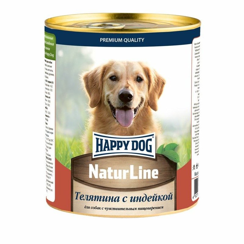 HAPPY DOG Влажный корм Happy Dog Natur Line для взрослых собак всех пород полноценный консервированный с телятиной и индейкой - 970 г