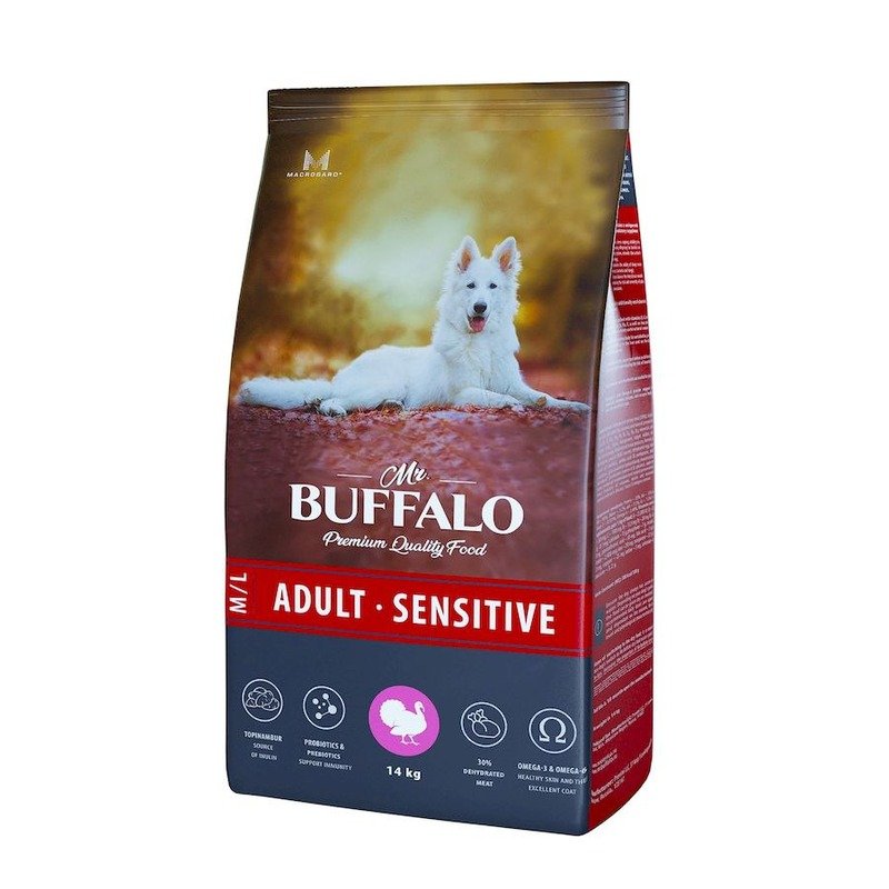 Mr. Buffalo Adult M/L Sensitive полнорацинный сухой корм для собак средних и крупных пород с чувствительным пищеварением, с индейкой - 14 кг