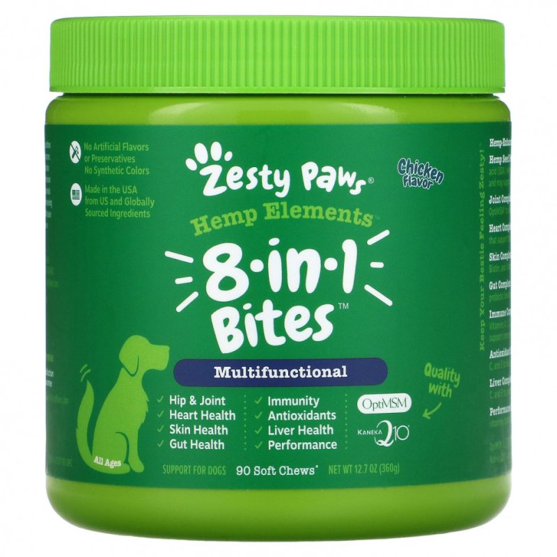 Zesty Paws, Hemp Elements, Укусы 8-в-1 для собак, многофункциональный, для всех возрастов, курица, 90 мягких жевательных блюд