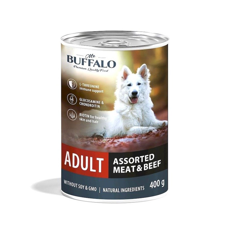 Mr.Buffalo Adult влажный корм для взрослых собак, мясное ассорти с говядиной, в консервах - 400 г х 9 шт