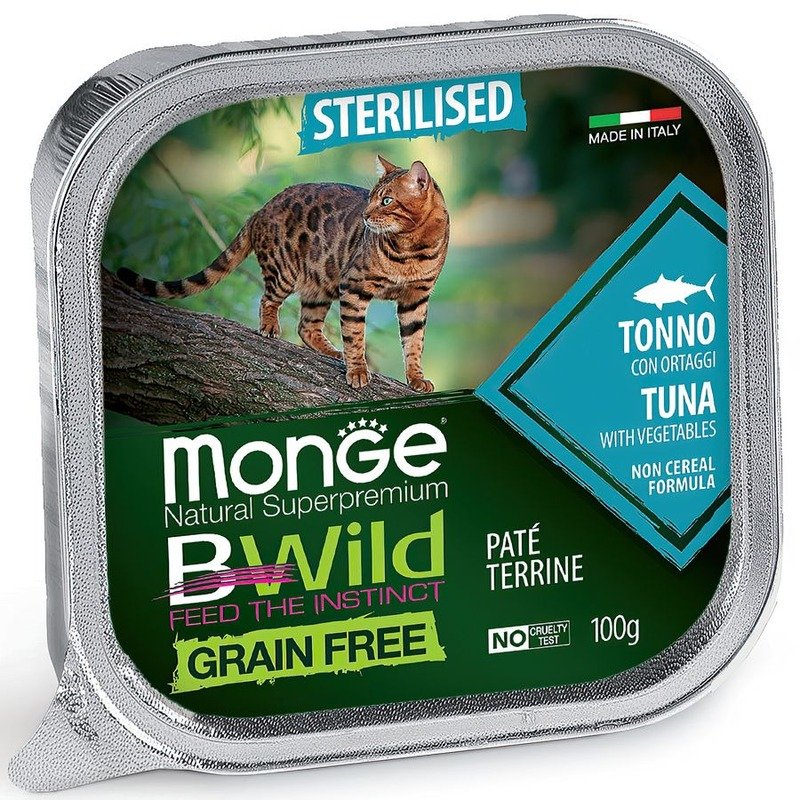 Monge Cat BWild Grain Free полнорационный влажный корм для стерилизованных кошек, беззерновой, паштет с тунцом и овощами, в ламистерах - 100 г