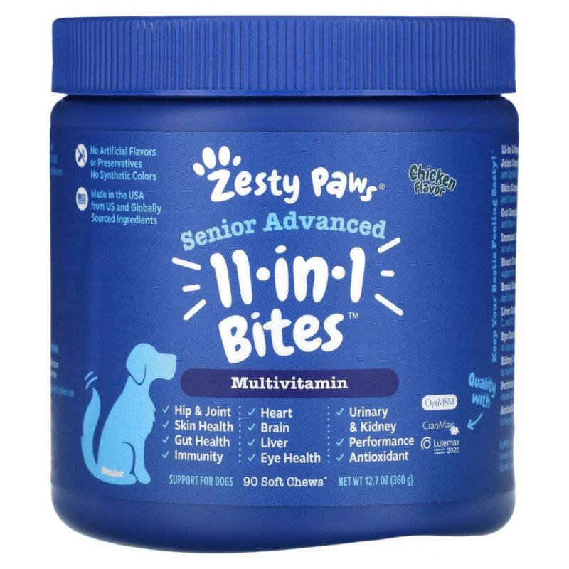 Zesty Paws, Advanced 11 in 1 Multifunctional Bites, улучшенная формула для взрослых собак, со вкусом курицы, 90 жевательных таблеток