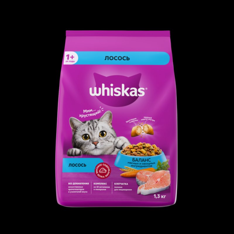 Whiskas Whiskas сухой полнорационный корм для взрослых кошек «Вкусные подушечки с нежным паштетом. Аппетитный обед с лососем», 1.3 кг (1.3 кг)