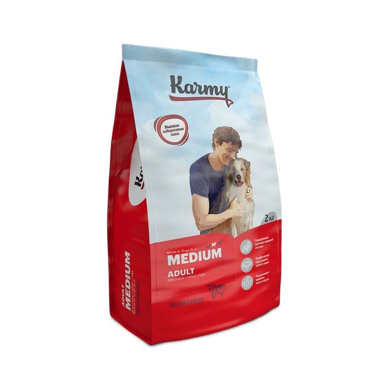 Karmy Medium Adult сухой корм для собак средних пород старше 1 года (Фаворит), с телятиной - 2 кг