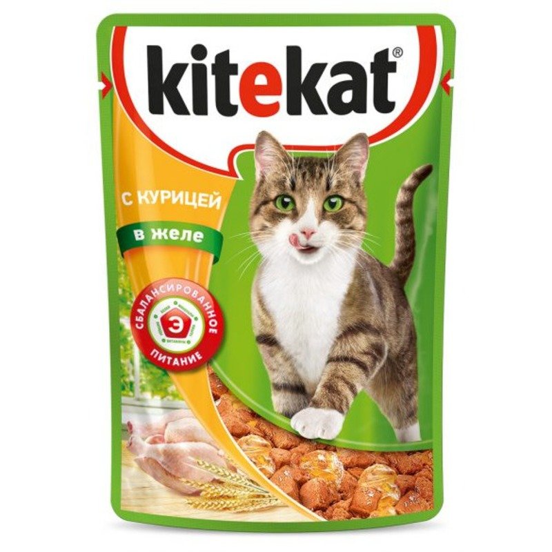 Kitekat полнорационный влажный корм для кошек, с курицей, кусочки в желе, в паучах - 85 г