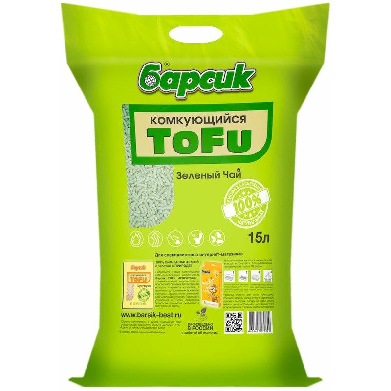 Барсик наполнитель ToFu комкующийся для взрослых кошек, зеленый чай - 15 л