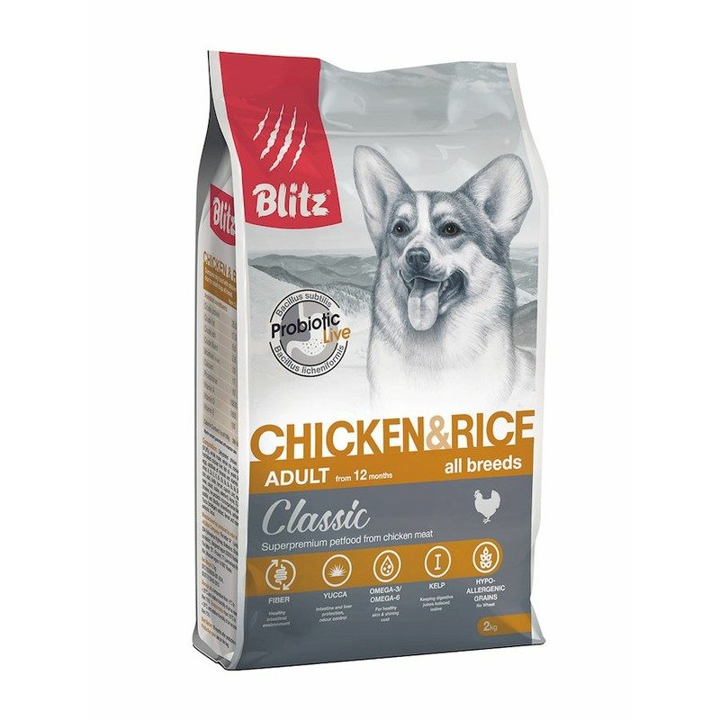 Blitz Сухой корм Blitz Adult Chicken & Rice для взрослых собак с курицей и рисом - 2 кг