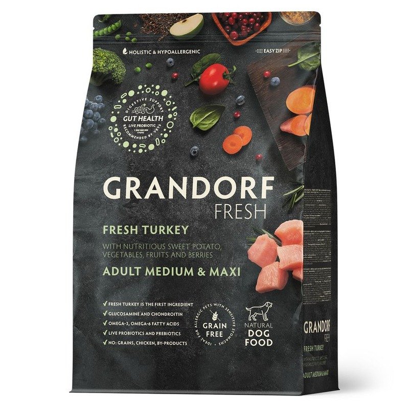 Grandorf Fresh Grain Free Dog Adult Medium & Maxi Turkey & Sweet Potato Сухой корм беззерновой с живыми пробиотиками для взрослых собак средних и крупных пород с индейкой и бататом - 1 кг