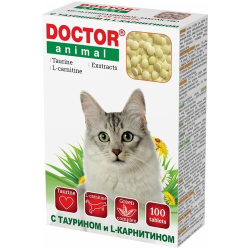 Мультивитаминное лакомство Doctor Animal с Таурином и L-Карнитином, для кошек, 100 таблеток