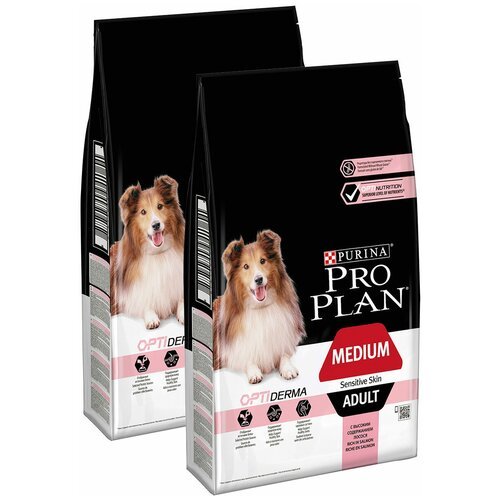 PRO PLAN ADULT DOG OPTIDERMA MEDIUM SENSITIVE SKIN для взрослых собак средних пород с чувствительной кожей с лососем и рисом (14 + 14 кг)