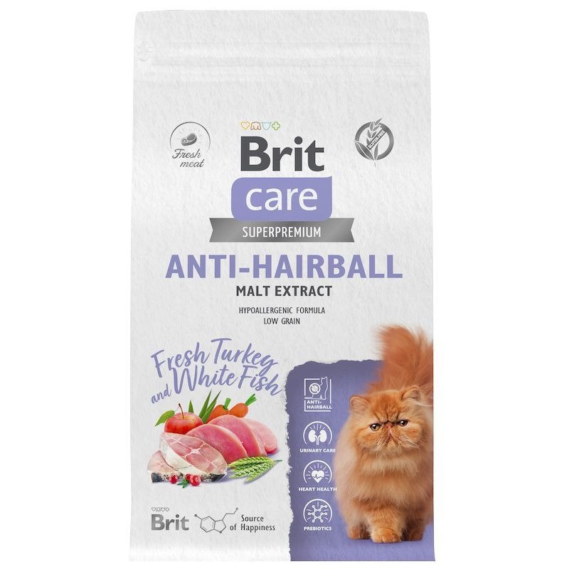 Brit Care Cat Anti-Hairball сухой корм для взрослых кошек для выведения шерсти из желудка, с белой рыбой и индейкой - 1,5 кг