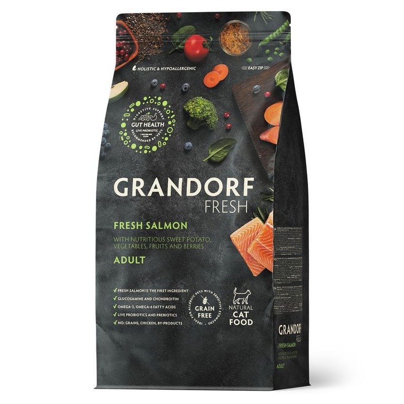 Grandorf Fresh Grain Free Cat Adult Salmon & Sweet Potato Сухой корм беззерновой с живыми пробиотиками для кошек, Сухой корм беззерновой с живыми пробиотиками для здоровья кожи и шерсти, с лососем и бататом - 400 г