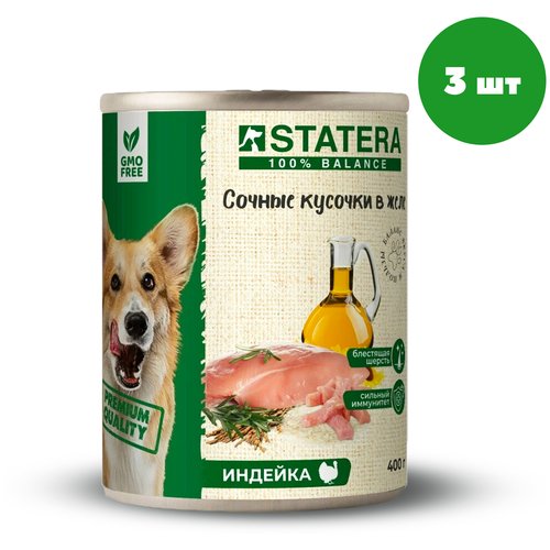 STATERA Полнорационный сбалансированный влажный консервированный корм для собак с индейкой в желе, 400 гр. х 3 шт.