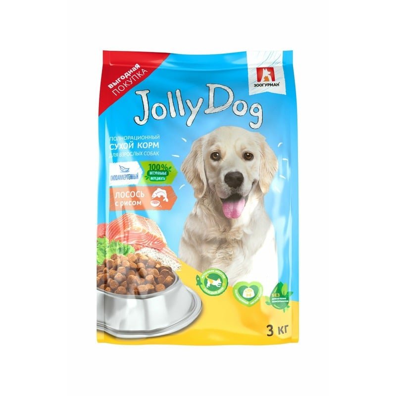 ЗООГУРМАН Зоогурман Jolly Dog полнорационный сухой корм для взрослых собак всех пород, с лососем и рисом - 3 кг