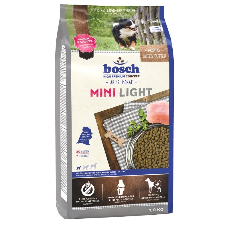 Сухой корм Bosch Mini Light для взрослых собак мелких пород, склонных к полноте, с мясом птицы и рисом - 1 кг