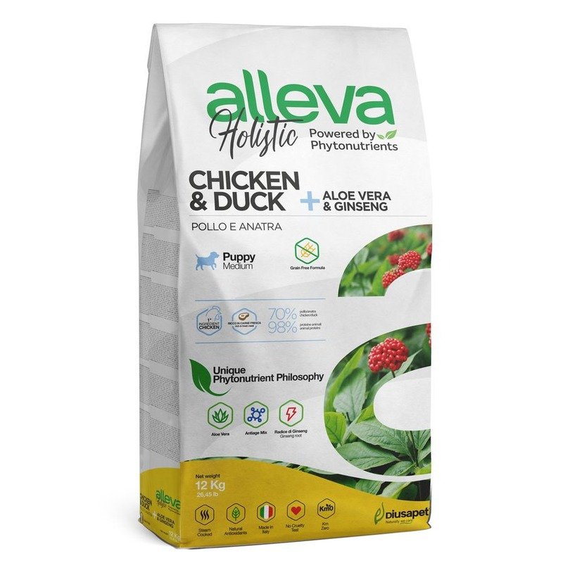 Alleva Holistic Puppy/Junior Chicken & Duck Maxi сухой корм для щенков и юниоров с КУРИЦЕЙ и УТКОЙ, алое вера и женьшенем - 12 кг