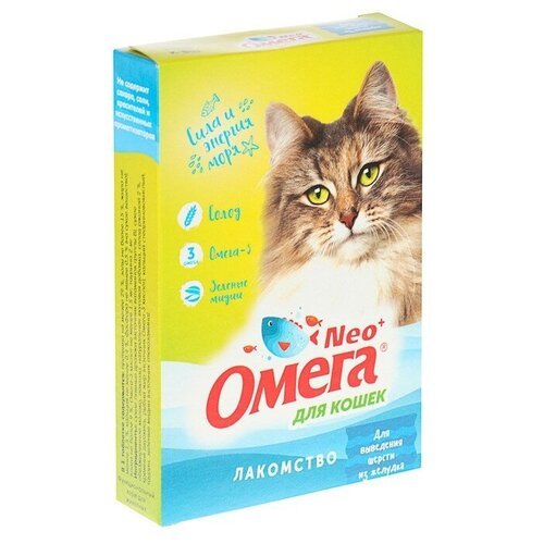 Лакомство Омега Nео+ 'Для выведения шерсти из желудка' для кошек, с ржаным солодом, 90 табл
