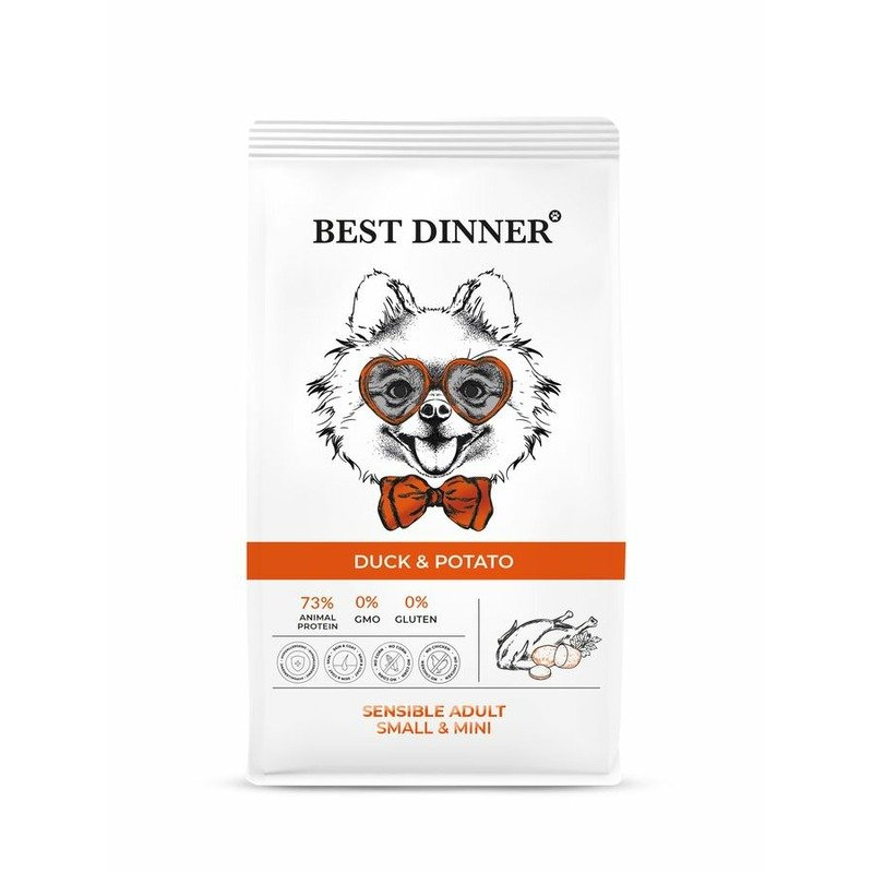 Best Dinner Sensible Adult Mini полнорационный сухой корм для собак мелких пород, склонных к аллергии и проблемам с пищеварением, с уткой и картофелем - 3 кг