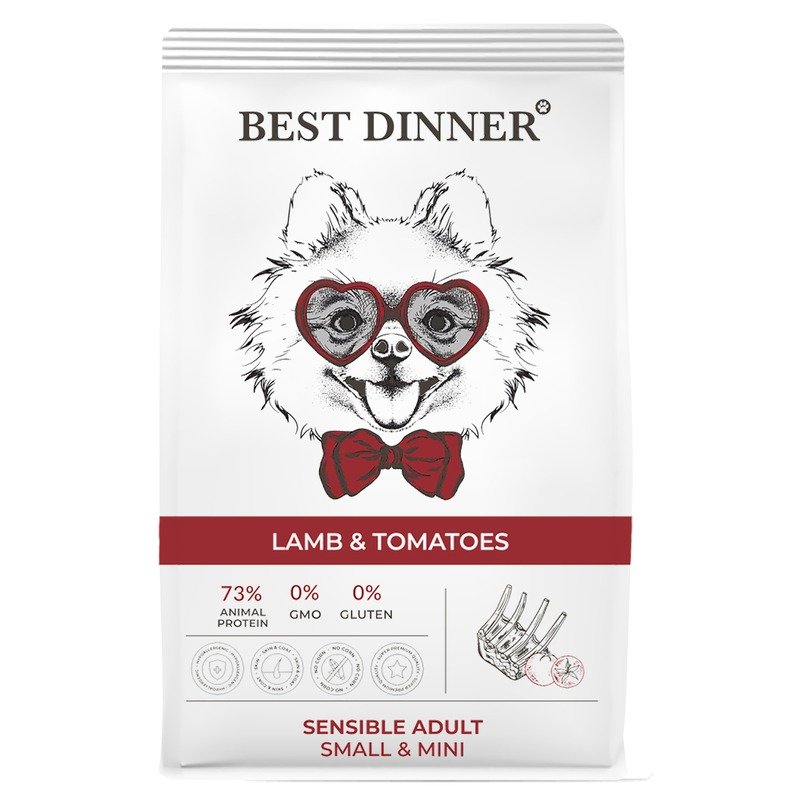 BEST DINNER Best Dinner Small & Mini полнорационный сухой корм для собак мелких пород, склонных к аллергии и проблемам с пищеварением, с ягненком и томатом - 3 кг