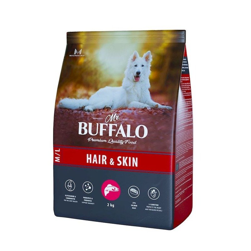 Mr.Buffalo Hair & Skin Care полнорационный сухой корм для взрослых собак всех пород, для здоровой кожи и красивой шерсти, с лососем - 2 кг