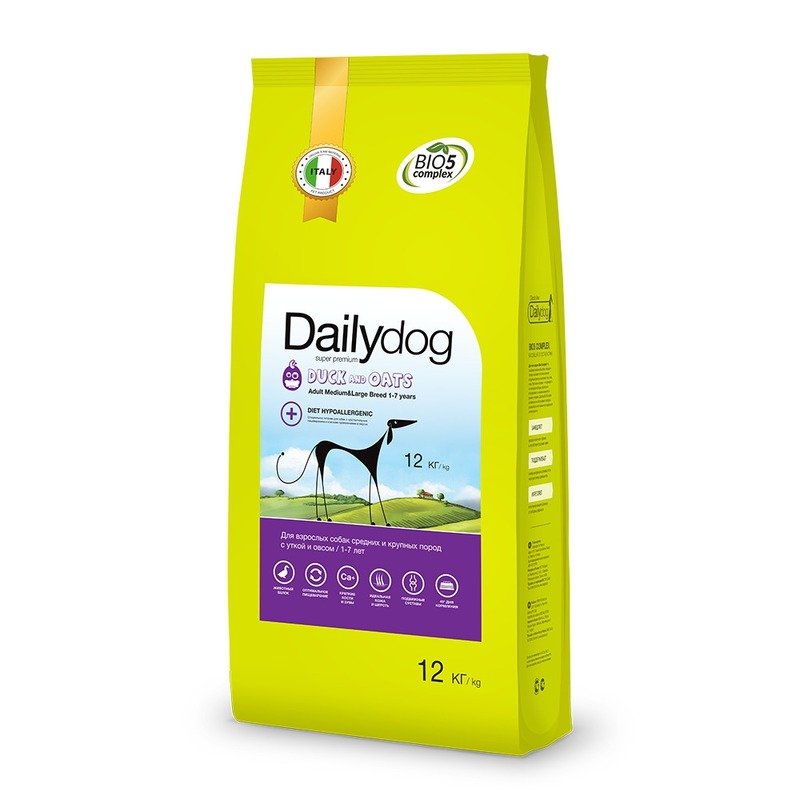 Dailydog Adult Medium and Large Breed Duck and Oats сухой корм для собак средних и крупных пород, с уткой и овсом - 12 кг