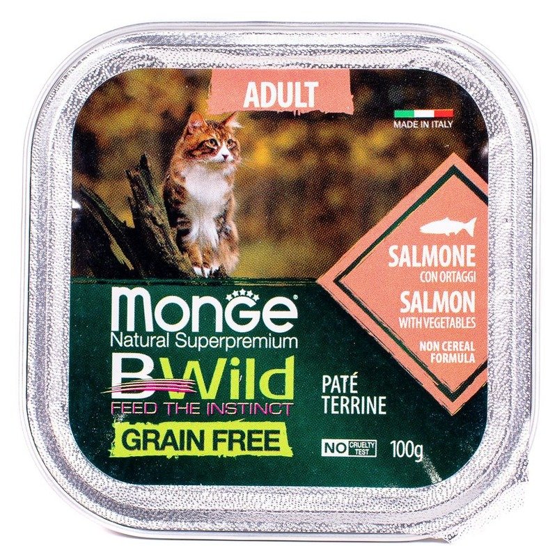 Monge Cat BWild Grain Free полнорационный влажный корм для кошек, беззерновой, паштет с лососем и овощами, в ламистерах - 100 г