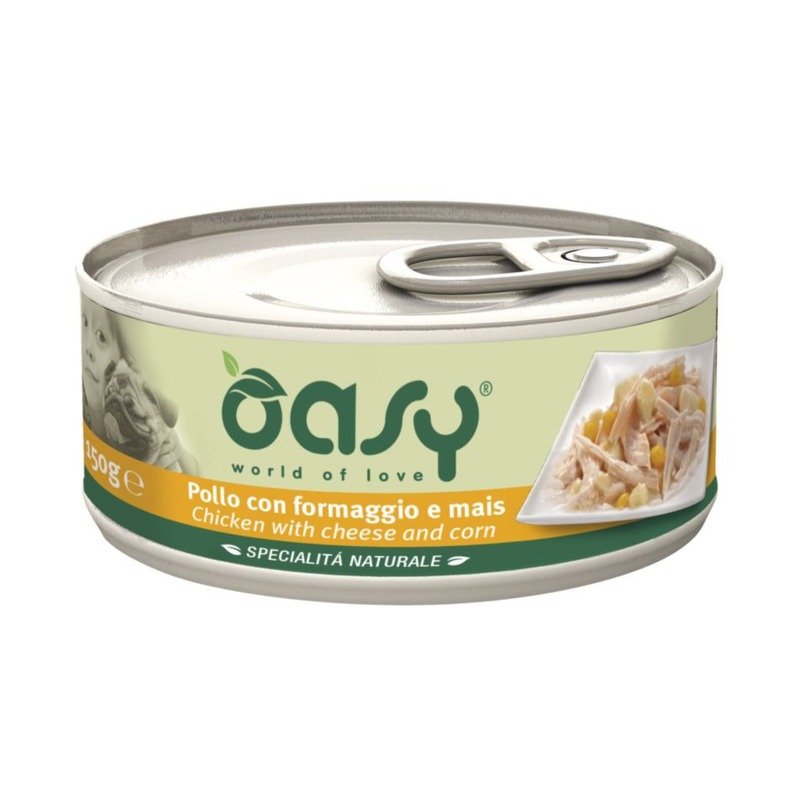 Oasy Wet Dog Specialita Naturali Chicken Cheese Corn влажный корм для взрослых собак, дополнительное питание с курицей, сыром и кукурузой, в консервах - 150 г