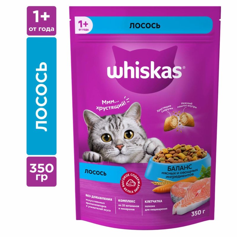 Whiskas Whiskas сухой корм для взрослых кошек «Вкусные подушечки с нежным паштетом. Аппетитный обед с лососем» (5 кг)