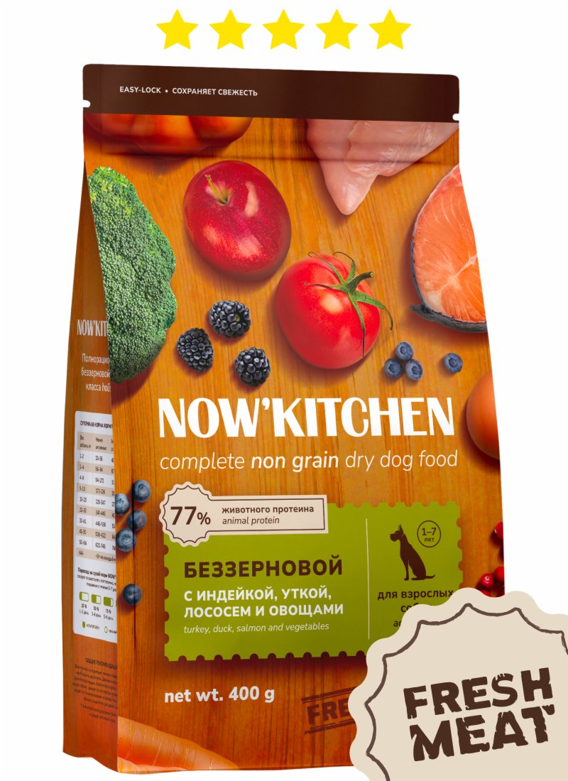 NOW'KITCHEN NOW'KITCHEN fresh беззерновой корм для взрослых собак со свежей индейкой, уткой, лососем, Adult Grain-free Recipe, Turkey, Duck, Salmon (5.44 кг)