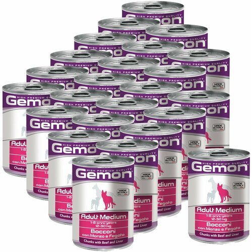 Gemon Dog Medium консервы для собак средних пород кусочки говядины с печенью 415г х 24шт.