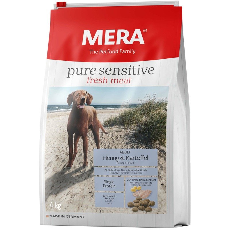 Mera Рure Sensitive Adult Hering & Kartoffel полнорационный сухой корм для собак с повышенным уровнем активности, с сельдью и картофелем - 4 кг