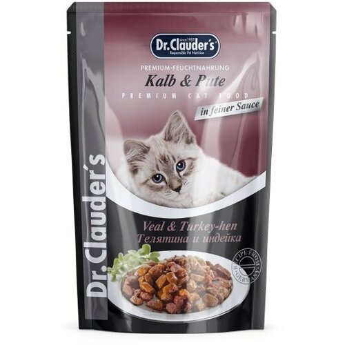 Dr. Clauder's влажный корм для кошек, с телятиной и индейкой, кусочки в соусе (12шт в уп) 85 гр