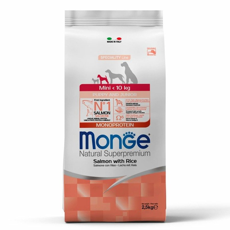 Monge Monge Dog Speciality Line Monoprotein полнорационный сухой корм для щенков мелких пород, с лососем и рисом - 2,5 кг
