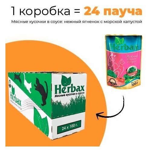 Упаковка 24 пауча для кошек HERBAX Нежный ягненок в соусе с морской капустой